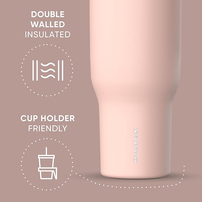 Hydrapeak Voyager 40 Oz Stainless Steel Tumbler with Handle, Insulated Water Bottle With Straw & Lid, Cupholder Friendly Reusable Travel Mug (Peony) - Bloomnest