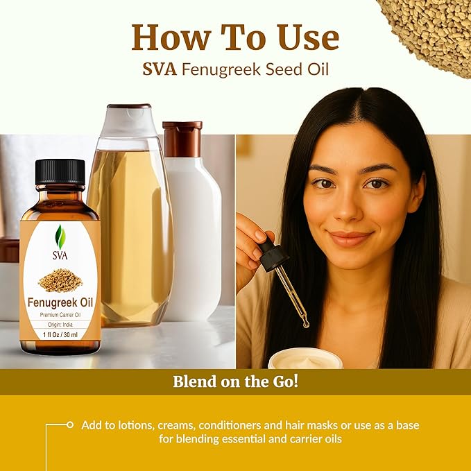 SVA Fenugreek Seed Oil - 1 Fl Oz – 100% Natural Cold Pressed Fenugreek Oil - for Face, Skin Care, Hair Care, Scalp Massage & Body Massage – Carrier Oil with Dropper - Bloomnest