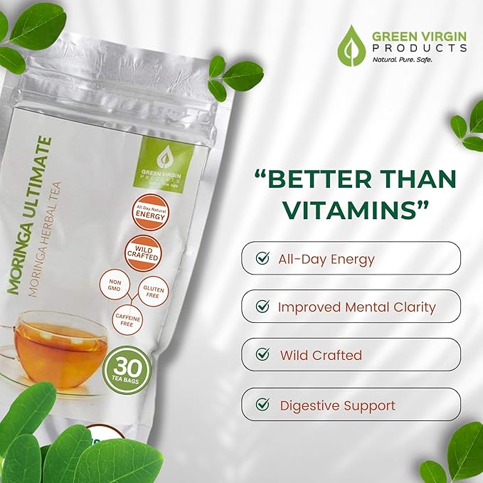 Green Virgin Moringa Oleifera Tea Bags | 100% Pure, Wild-Crafted & Natural Herbal Tea in Oxidation-Free Pouch (30 Bags) - Bloomnest