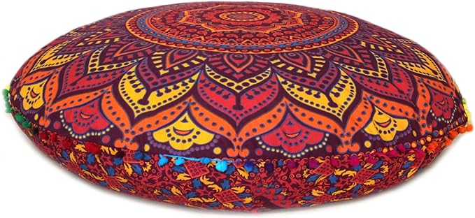 INDIAN CRAFT CASTLE New Orange Ombre 24" Mandala Barmeri Large Floor Pillow Cover Cushion Meditation Seating Ottoman Throw Cover Hippie Decorative Zipped Bohemian Pouf Ottoman Pom Pom Cases 24" Round - Bloomnest