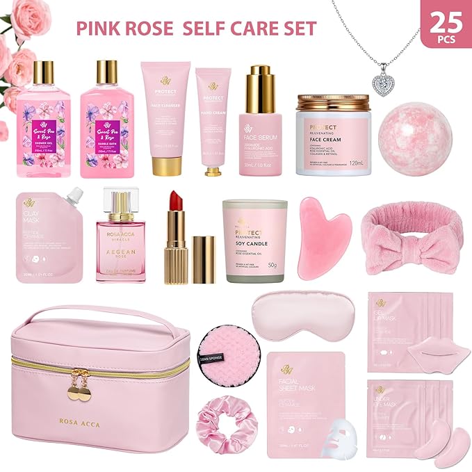 25 Pcs Valentines Day Gifts for Women, Luxury Rose Bath & Body Gift Set, Hydrating Skin Care Kit, Self Care Gifts, Cosmetic Bag, Necklace, Christmas, Birthday, Mothers Day, Anniversary - Bloomnest
