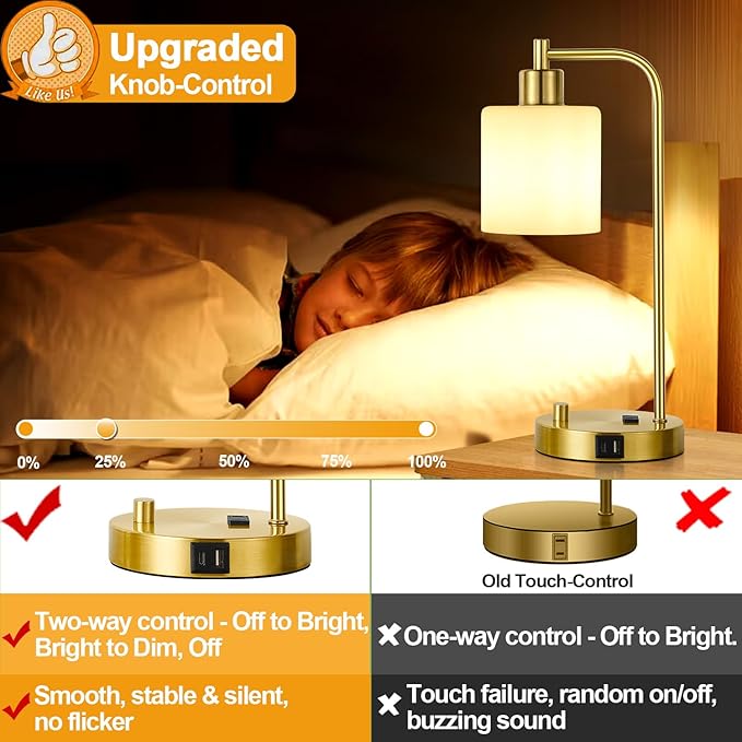 Lynnoland Set of 2 Industrial Table Lamps with USB C+A Ports and Outlet, Gold Fully Stepless Dimmable Bedside Lamps, Nightstand Lamp with Opal Glass Shade for Reading Office (2 LED Bulb) - Bloomnest