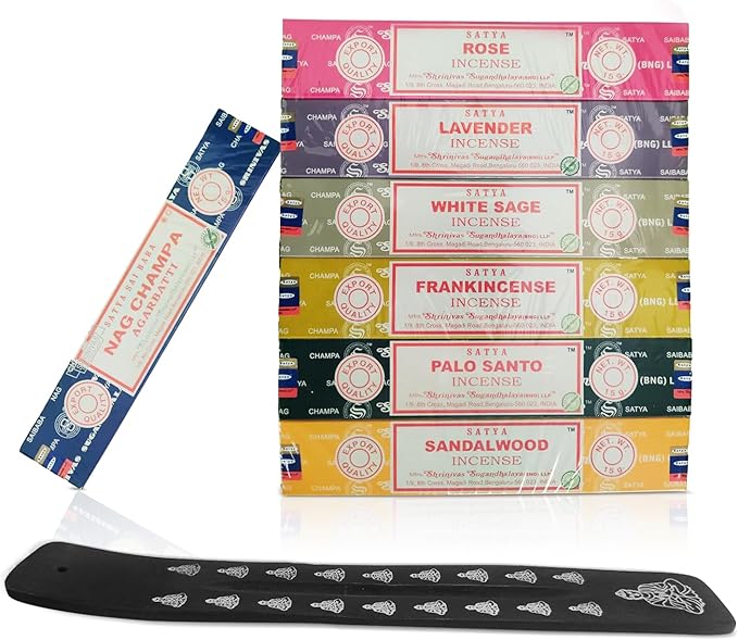 Incense Sticks Variety Pack with Wooden Holder | Nag Champa, Rose, Lavender, White Sage, Frankincense, Palo Santo & Sandalwood | Hand-Rolled Masala Incense Guruji+Divinity