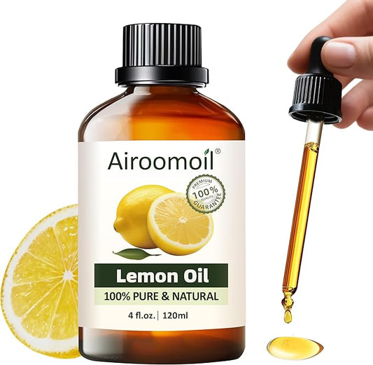 Lemon Essential Oil 4 fl oz (120ml), Large Size for Cleaning, Diffuser & DIY, Aromatherapy, Light Fresh Citrus Scent, No Added Fragrance, Daily-Use Essential Oil for Home & Crafts Airoomoil