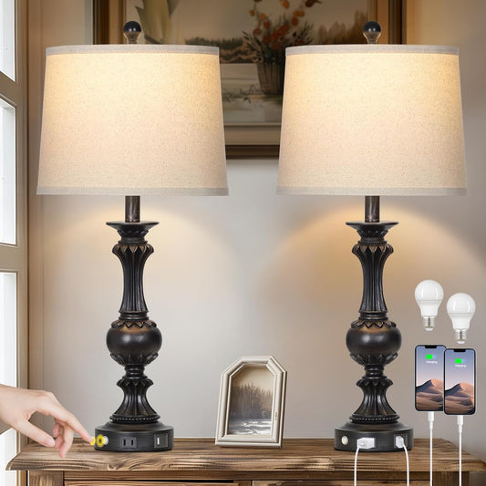 28" Farmhouse Table Lamps Set of 2, Retro Lamps for Living Room with USB C+A Ports & AC Outlet, 3 Way Touch Control Resin Bedside Lamp, Rustic Bedroom Lamp for Nightstand Side End Table Desk, Black