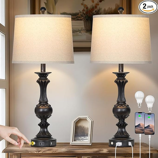 28" Farmhouse Table Lamps Set of 2, Retro Lamps for Living Room with USB C+A Ports & AC Outlet, 3 Way Touch Control Resin Bedside Lamp, Rustic Bedroom Lamp for Nightstand Side End Table Desk, Black - Bloomnest