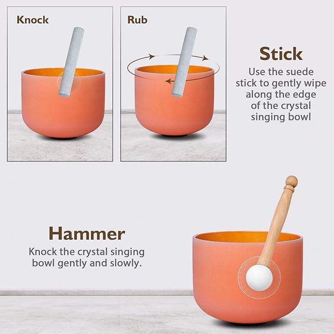 8 Inch Orange D Note 432hz Sacral Chakra Crystal Singing Bowl Healing with Carrying Case and Rubber Mallet Suede Strikers Oring - Bloomnest