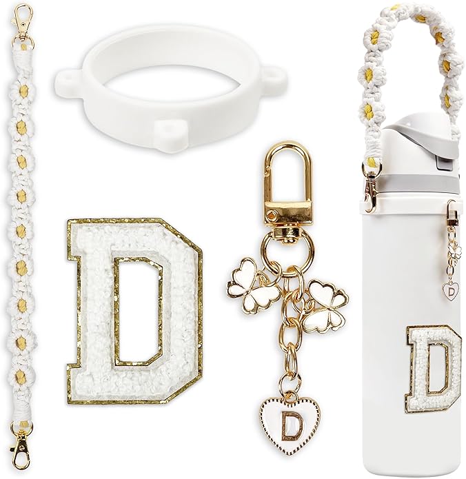 Compatible with Owala Water Bottle Accessories, Cute Letter Charm Set with Boho Handle Strap, Monogram Sticker, Silicone Ring, Keychain Decoration, for FreeSip 24 32 40oz, Owala Kids, Tumbler Gift SITKOL