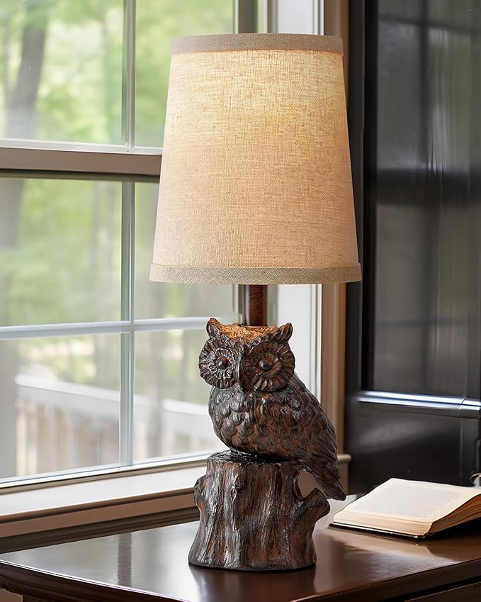 14.25" Small Table Lamp for Living Room Farmhouse Bedside Resin Single Lamp with Brown Owl Lamp Shape for Bedroom Retro Rustic Nightstand Lamp - Bloomnest