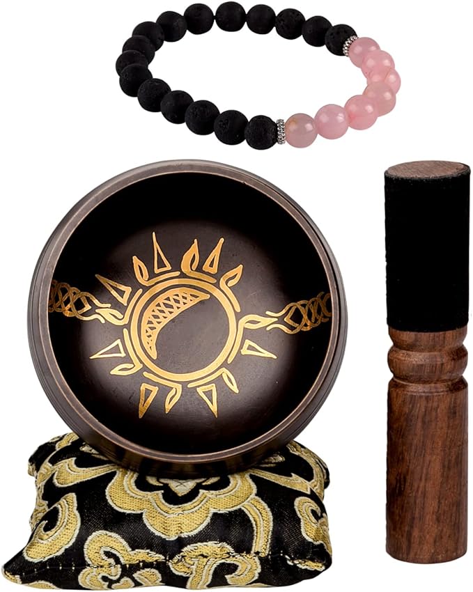 Moon in Sun Singing Bowl Set Bundle with Lava Stone and Rose Quartz Mala Bracelet — Handcrafted in Nepal for Chakra Healing, Meditation, and Aromatherapy Essential Oil Diffusion - Bloomnest