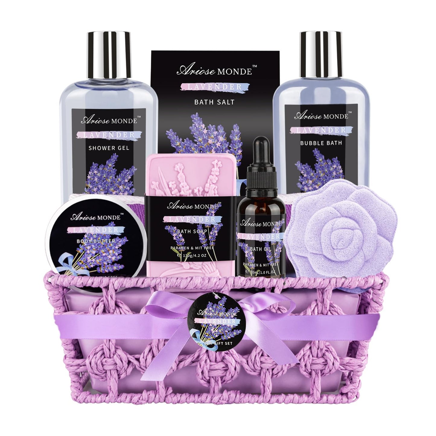 Spa Gift Basket Set, Lavender Home Spa Gifts for Women With Shower Gel, Bubble Bath, Body Butter, Bath Salt, Bomb, Oil, Soap - Gift Idea for Mother, Girlfriend, Wife