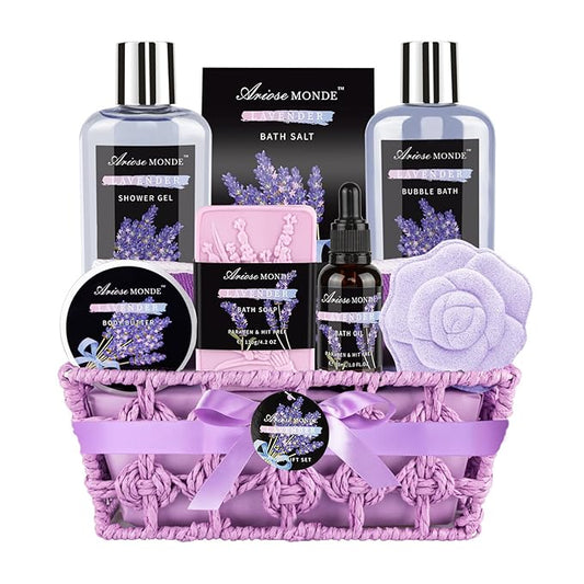 Spa Gift Basket Set, Lavender Home Spa Gifts for Women With Shower Gel, Bubble Bath, Body Butter, Bath Salt, Bomb, Oil, Soap - Gift Idea for Mother, Girlfriend, Wife - Bloomnest