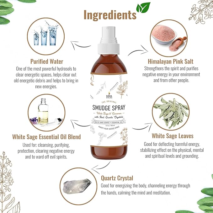 SOUL STICKS White Sage & Cinnamon Smudge Spray – 3.5oz Smokeless Energy Mist with Quartz Crystals – Non-Toxic Cleansing Spray for Aura, Home, Car, Meditation, Yoga, Stress Relief & Protection SoulSticks