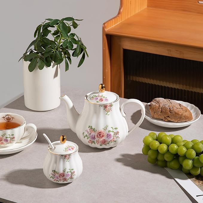 Sweejar Royal Teapot, Ceramic Tea Pot with Removable Stainless Steel Infuser, Blooming & Loose Leaf Teapot (Rose Flower, 40 Ounce) - Bloomnest