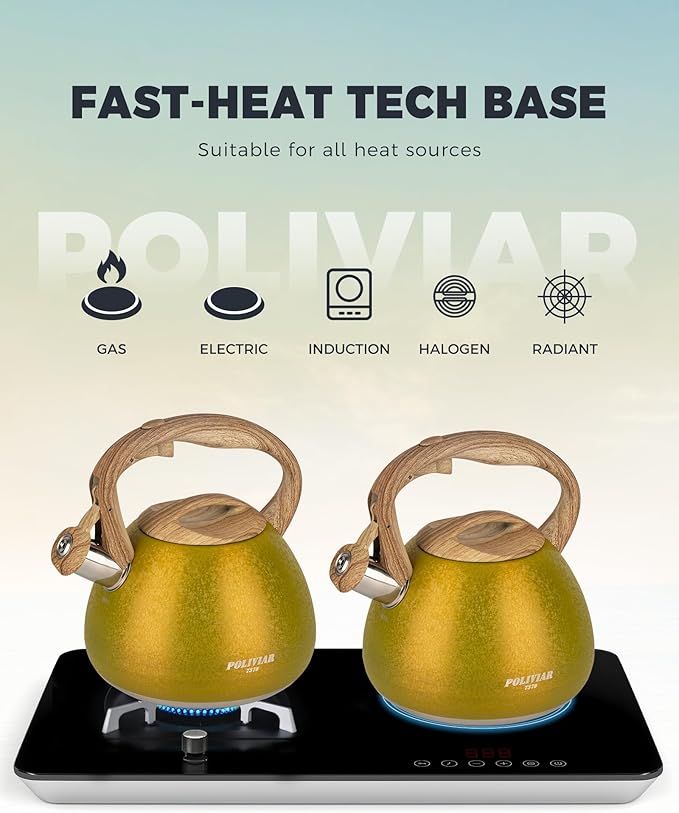 POLIVIAR Tea Kettle, 2.7 Quart Stovetop Tea Kettle, Audible Whistling Teapot with Crackle Finish, Food Grade Stainless Steel for Anti-Rust, Anti Hot Handle, Suitable for All Heat Sources (JX2023-LRY) - Bloomnest