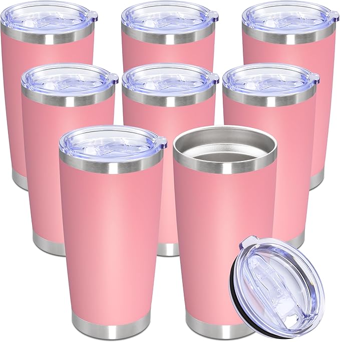 20oz Tumbler Bulk Stainless Steel Tumbler Cup with Lid Vacuum Insulated Double Wall Travel Mug, Durable Powder Coated Travel Coffee Tumbler Mug for Hot & Cold Drinks, Pink,8 Pack