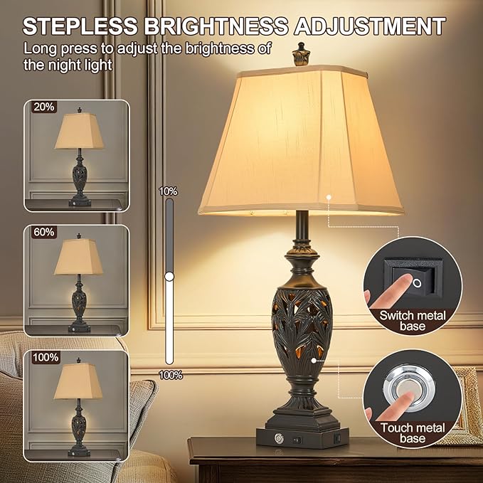 29.5" H Touch Traditional Table Lamp Set of 2,Vintage Bedside Nightstand Lamps with Dual USB and Night Light, 3-Color Hollow Out Leafwork Black Gold Finish Desk Lamps for Living Room,Bedroom