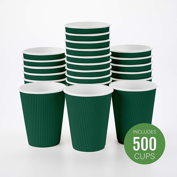 Restaurantware-12 Ounce Disposable Coffee Cups, 500 Ripple Wall Hot Cups For Coffee - Lids Sold Separately, Rolled Rim, Forest Green Paper Insulated Coffee Cups, For Hot Coffee, Tea, And More - Bloomnest