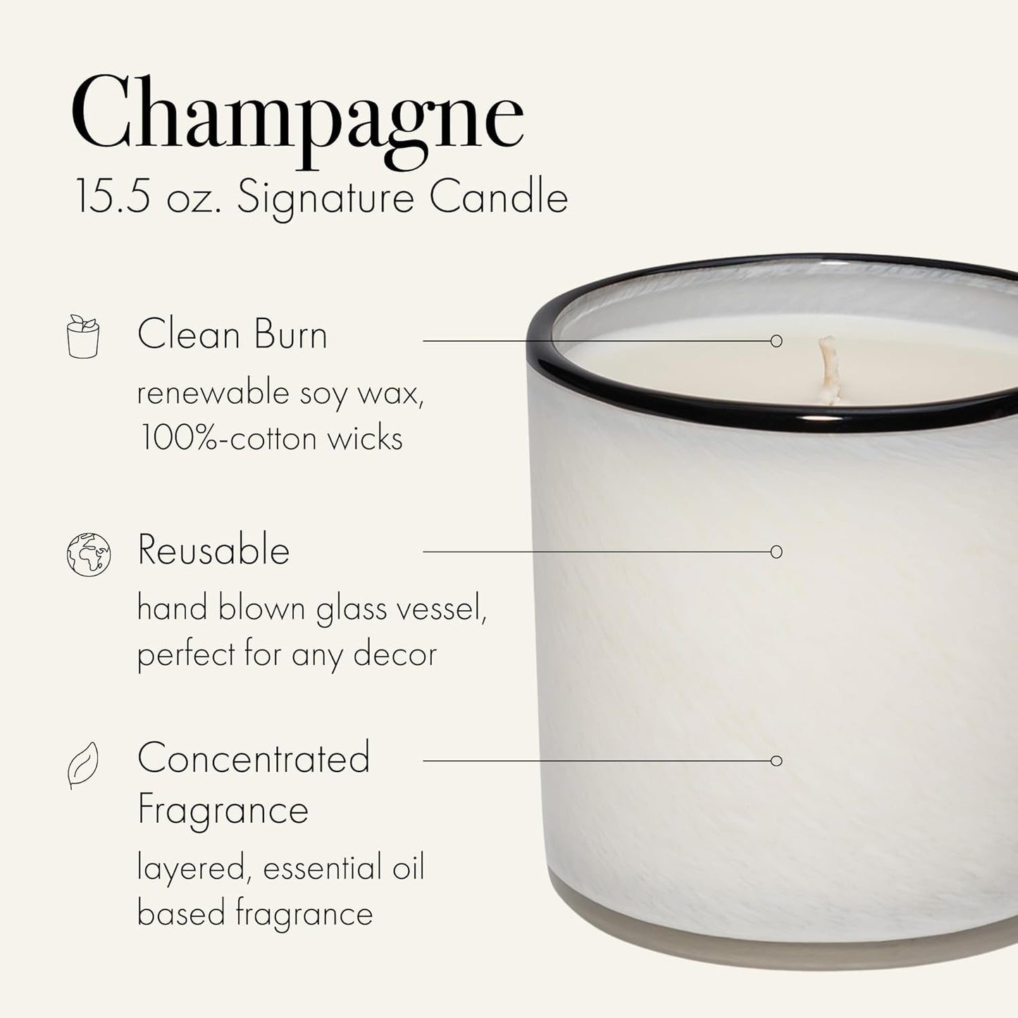 LAFCO New York Signature Candle, Champagne - 15.5 oz - 90-Hour Burn Time - Reusable, Hand Blown Glass Vessel - Made in The USA