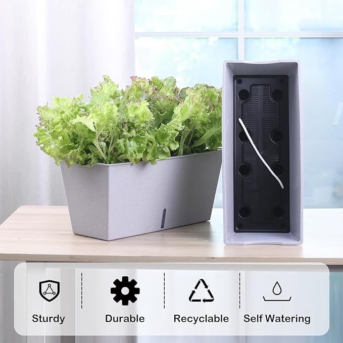 Window Box Planter 6 Pcs, 16.5 Inches Self Watering Rectangle Flower Plant Pots with Drainage Holes Trays, Vegetable Planters for Windowsill Patio Garden Balcony Porch Yard (Grey) - Bloomnest
