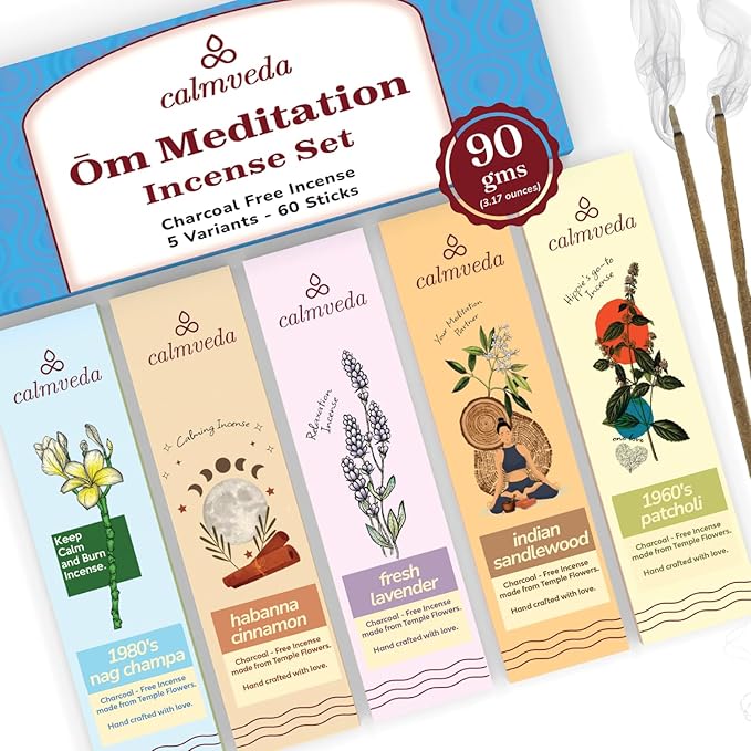 Ōm Meditation Incense Sticks - (5 Variants, 60 Insenses) Charcoal Free Inscents-Sticks | Nag Champa, 60s Patchouli Incense, Lavender Incense, Cinnamon & Sandalwood Incense, Perfect Care Gift - Bloomnest
