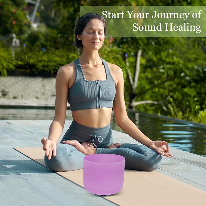 432HZ 8 Inchs B Note Purple Frosted Crystal Singing Bowl for Meditation Healing Yoga Chakra Quartz Crystal Sound Bowls with Heavy Duty Carry Case and Rubber Mallet,Suede Striker,O-ring - Bloomnest