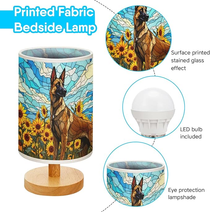 Belgian Malinois Table Lamp LED 3-Color Pressed Bedside, Dog Shade Lamp with Wood Base for Bedroom Living Room Desk Office - Bloomnest