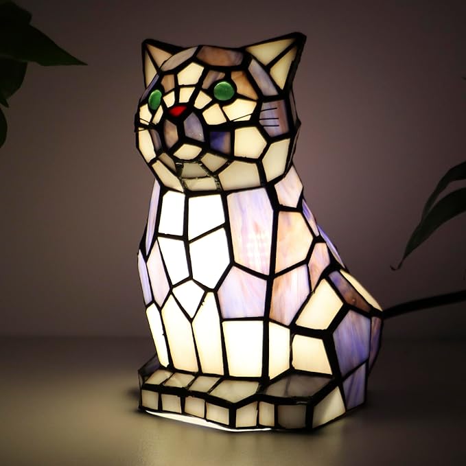 Tiffany Cat Lamp Blue and White Stained Glass Animal Table Lamp Accent Lamp - Bloomnest
