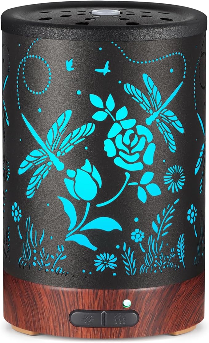 Essential Oil Diffuser- Aromatherapy Diffuser with7 Colors Light and Auto-Off for Women Metal Cool Mist Humidifier for Home and Office for Mom Women(Roses + Dragonflies) - Bloomnest