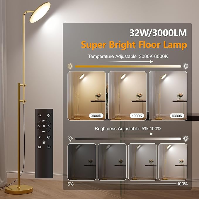 SUNMORY 32W/3000LM Floor Lamps, Super Bright LED Standing Lamp with Remote Control, Adjustable Tall Lamp with 350°Rotating Head, Modern Dimmable Torchiere Corner Lamp for Living Room, Bedroom, Office - Bloomnest
