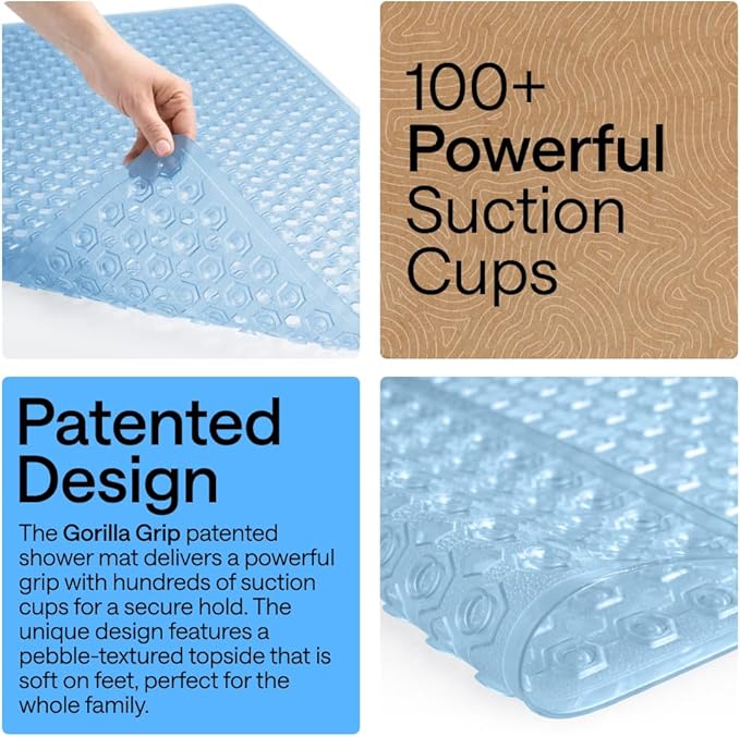 GORILLA GRIP Patented Square Shower Stall Mat, Small Bathtub Floor Mats for Stand Up Showers with Suction Cups and Drainage Holes, Machine Washable, Soft on Feet, Bathroom Accessories 21x21 Inch, Blue - Bloomnest