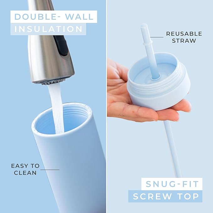 STRATA CUPS Perwinkle Skinny Tumblers with Lids and Straws (4 pack), 16oz Matte Pastel Colored Acrylic Tumblers with Lids and Straws, Double Wall Skinny Tumbler Bulk, Reusable Cup with Straw Cleaner - Bloomnest