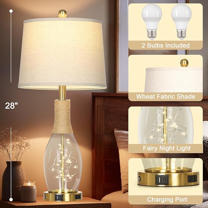 28" Boho Table Lamps Set of 2, Coastal Glass Lamps with USB A+C Ports and Outlet, Nautical Beach Bedside Lamp for Living Room Bedroom Night Stands(2 LED Bulbs Included), Gold - Bloomnest