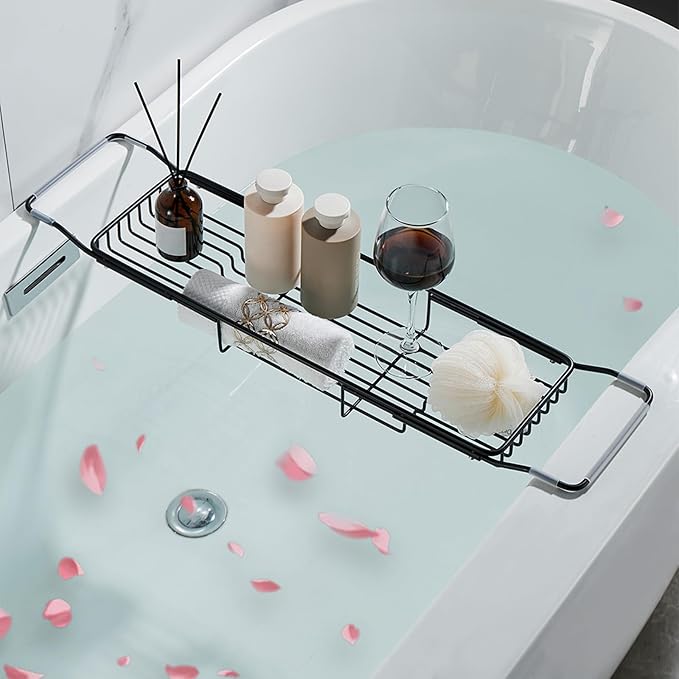 Stainless Steel Bathtub Caddy Tray, Expandable Bath Tub Tray Table, Adjustable Bathroom Tray, Bath Organizer Tub Shelf,Black,26.8~35.4in - Bloomnest