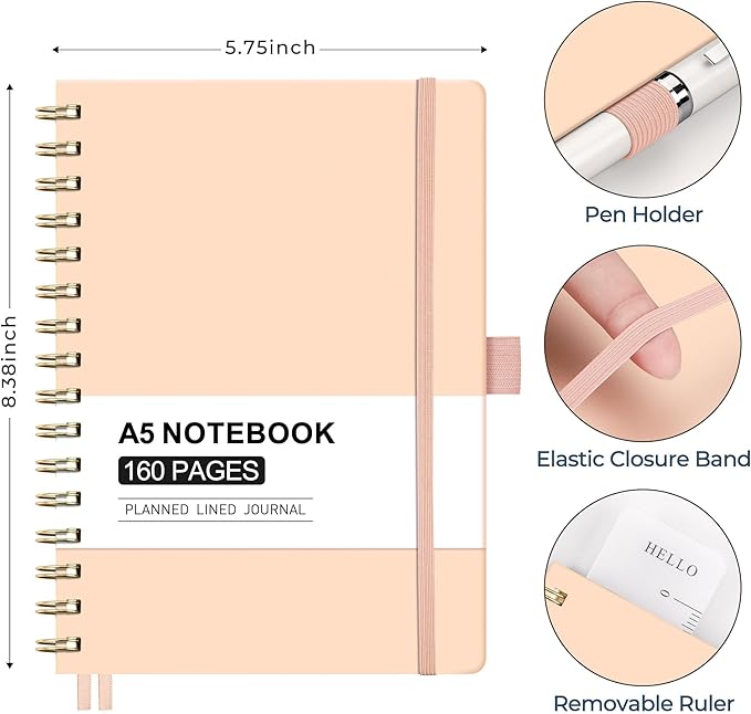 AHGXG Spiral Journal Notebook, 160 Lined Pages, A5 Medium Size (5.7'' x 8.3''), for Men & Women, Journaling, Writing, Work & Office, Hardcover, 100 GSM Thick Paper (Pink) - Bloomnest