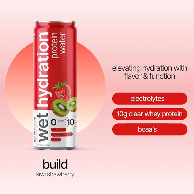 Wet Hydration Protein Water | Electrolyte Drink with Clear Whey Protein & BCAAs - Kiwi Strawberry Flavor (12oz Cans, Pack of 12) | Zero Sugar, 10g Protein, Low Calorie, Functional Hydration - Bloomnest