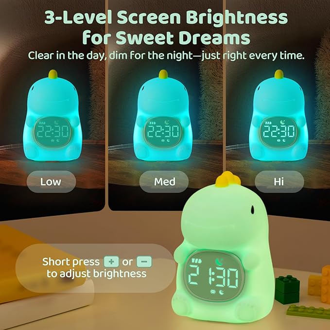 Dinosaurs Alarm Clock with Night Light for Kids with Sleep Training and Sound Machine, Rechargeable Silicone Lamp OK to Wake Clock，Cute Animal Tabletop Lamp, Perfect Sleep Companion for Boys Girls - Bloomnest