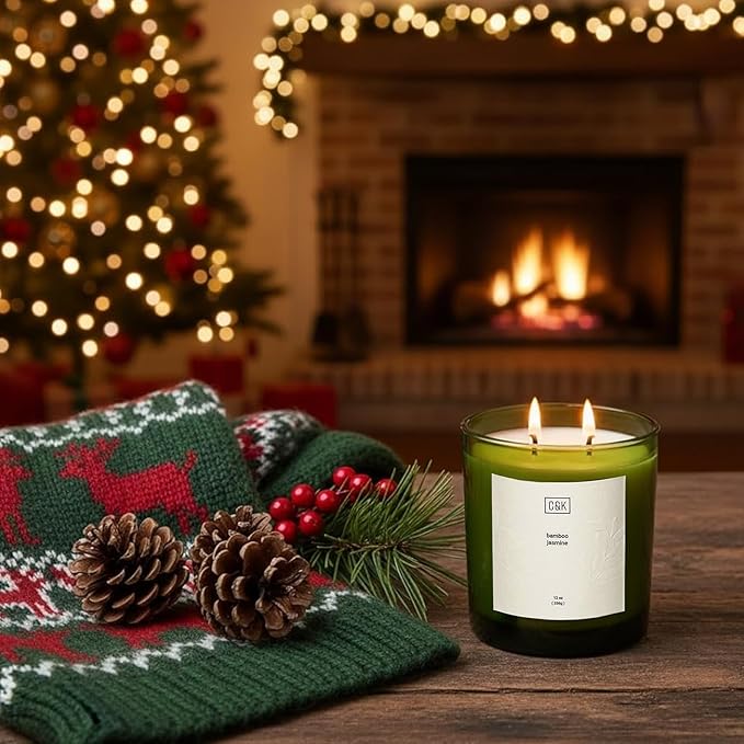 Craft & Kin 12oz Bamboo Jasmine Christmas Candle for Home | Premium Green Scented Candles for Men | Winter Candles Made with Natural Soy | Holiday Candle Gifts for Men and Women | Nature Collection - Bloomnest