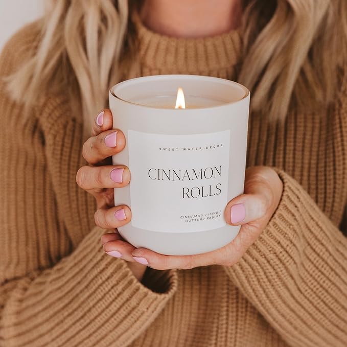 Sweet Water Decor Cinnamon Rolls Christmas Scented Candles - Christmas Stocking Stuffers Soy Candles Icing & Pastry Scent - Christmas Candles with 70 Hours Burn Time - 15Oz Tan Matte Jar Wax Candles - Bloomnest