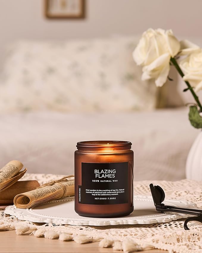 M&SENSE Blazing Flames Scent with Log Fire, Natural Soy Wax Slow Burning Candle for Home Decor, Cedarwood &Cade Scented 7.05oz 50 Hours Burn Cotton Wick Gifts for Celebration Holiday - Bloomnest