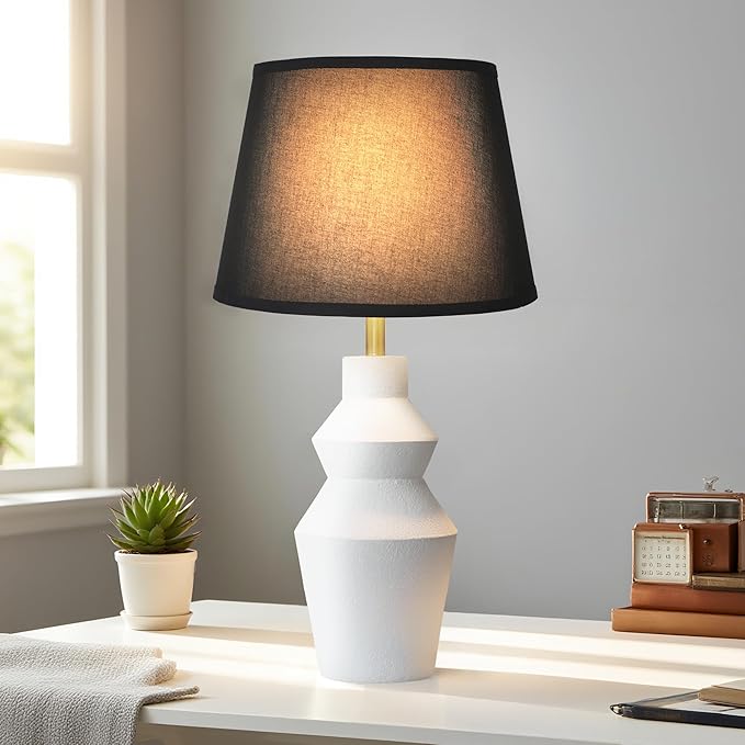 29.7" Modern Table Lamp, Single Farmhouse Rustic Bedside Lamp, White Cement lamp Base with Black Linen Shade, for Bedroom, Living Room Office Kids - Bloomnest