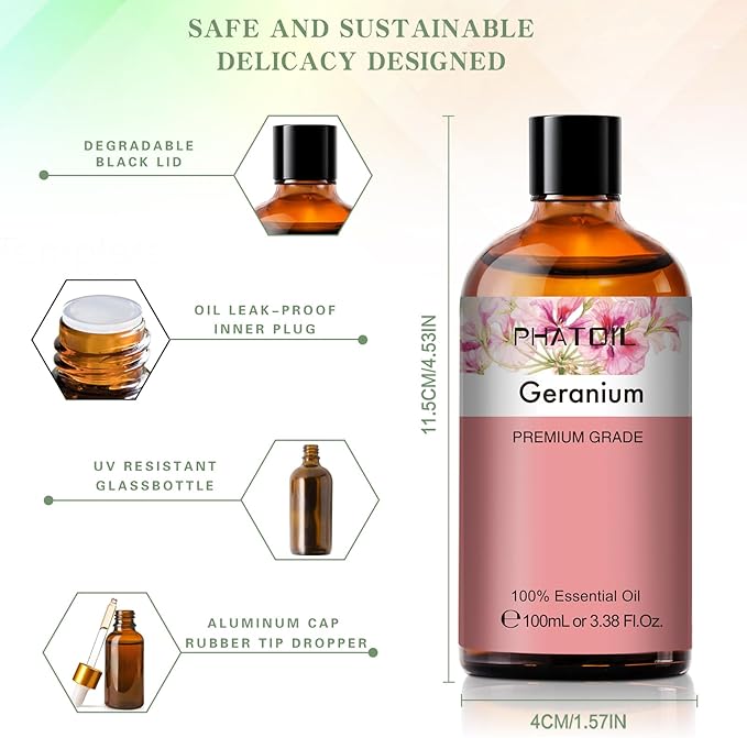 Geranium 3.38fl.oz Essential Oil, PHATOIL Aromatherapy Essential Oils for Diffuser, Humidifier, Perfect for DIY Soap, Candle, Bath Bombs Making(100ml) PHATOIL