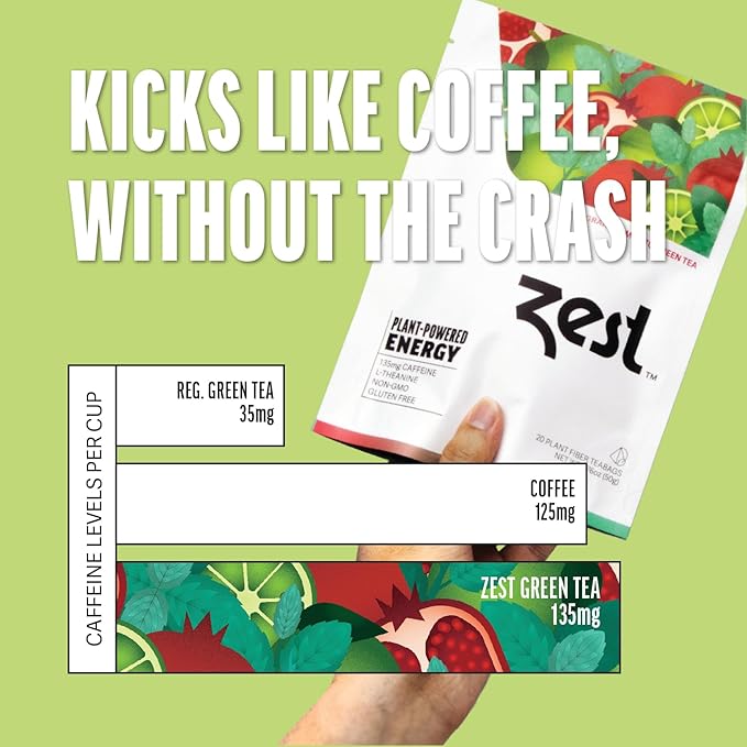 Zest Energy Green Tea – Pomegranate Mojito High Caffeine Tea Bags for Focus & Morning Energy – Natural Caffeinated Tea with 135mg Caffeine – Coffee Substitute – 20Ct Pack, Non-GMO & Keto Friendly - Bloomnest