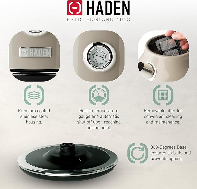 Haden Dorset 1.7 Liter Stainless Steel Electric Kettle, Hot Water Kettle with 360-Degree Base and Auto Shutoff, Putty & Chrome - Bloomnest
