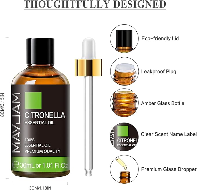 Citronella Essential Oil, MAYJAM 1.01FL.OZ Premium Citronella Oils for Soap Candle Making, Diffuser, Bedroom, Living Room, Office, 30ML/Bottle - Bloomnest