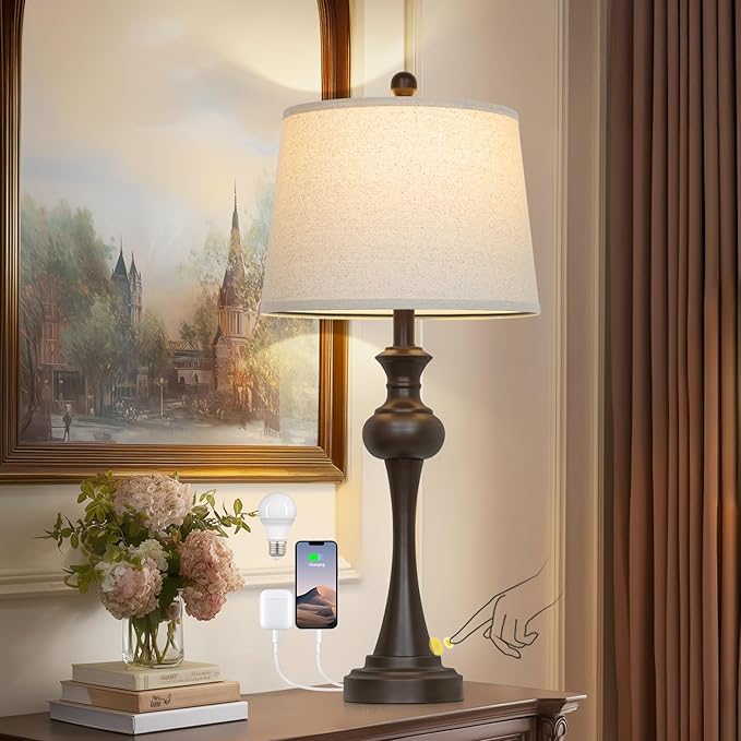 Brown Touch Table Lamps,28.75" Tall Bedside Lamps with USB C+A Ports, 3-Way Dimmable Table Lamp, Nightstand Lamps for Bedroom, Living Room，Brown Lamps with Beige Lampshade, Bulb Included - Bloomnest