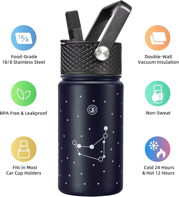 BJPKPK Water Bottle with Straw Lid, 15 oz Insulated Water Bottle, Stainless Steel Metal Water Bottles, Reusable Leak Proof BPA Free Thermo, Flask, Cups,Constellation-Capricornus - Bloomnest