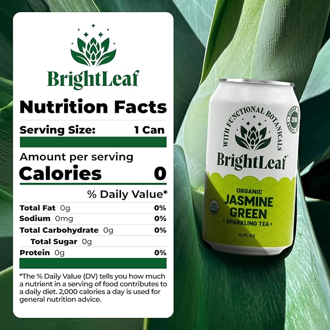 BrightLeaf Regenerative Organic Sparkling Tea, Jasmine Green, 12 oz Cans (Pack of 12) – Zero Sugar & Zero Calories – Organic Herbal Tea Drink – Mood-boosting ingredients – Craft Brewed Botanical Beverage - Bloomnest