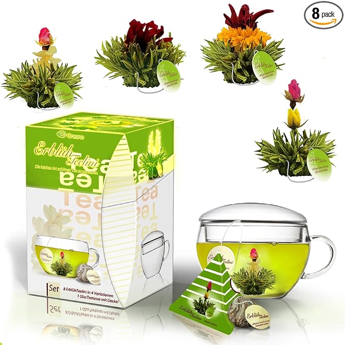 Creano Bloomning Tea Gift Set with Tea-Glass 7oz and 8 Tea-Flowers in Cup Size - Green Tea - Gift for Women, Mother, Tealovers - Bloomnest