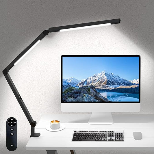LED Desk Lamp with Clamp, Architect Desk Lamp for Home Office with Remote Control, Swing Arm Clamp on Computer Light, Clip-on Eye-Care Adjustable 5 Brightness Levels Table Light for Working Drafting - Bloomnest